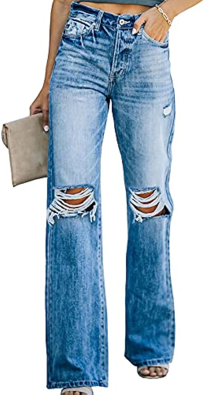 Sidefeel Women Mid Rise Distressed Flare Wide Leg Jeans Ripped Hole Denim Pants