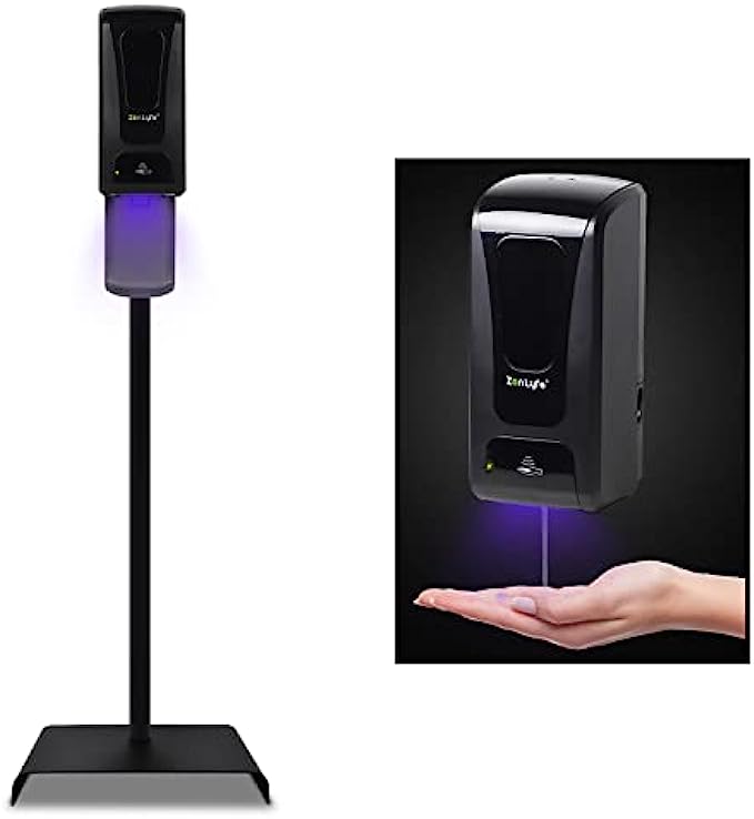 Zen Lyfe Automatic Hand Sanitizer Dispenser with Stand, Hand Sanitizer Stand Station for Churches Schools Offices Restaurants - Includes Drip Catcher and Refillable Bottle, Black