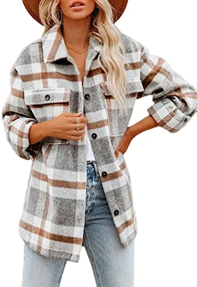 Beaully Women&#039;s Flannel Plaid Jacket Long Sleeve Button Down Chest Pocketed Shirts Coats Shacket
