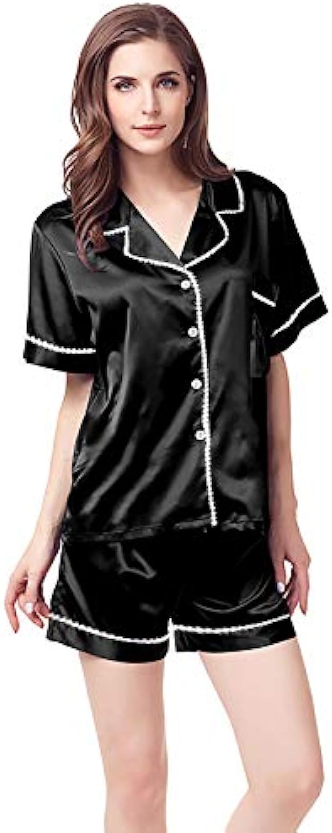 Women Silky Satin Pajamas Short Set Plain Matte Two-Piece Pj Sets Button-Down Sleepwear With Contrasted Piping