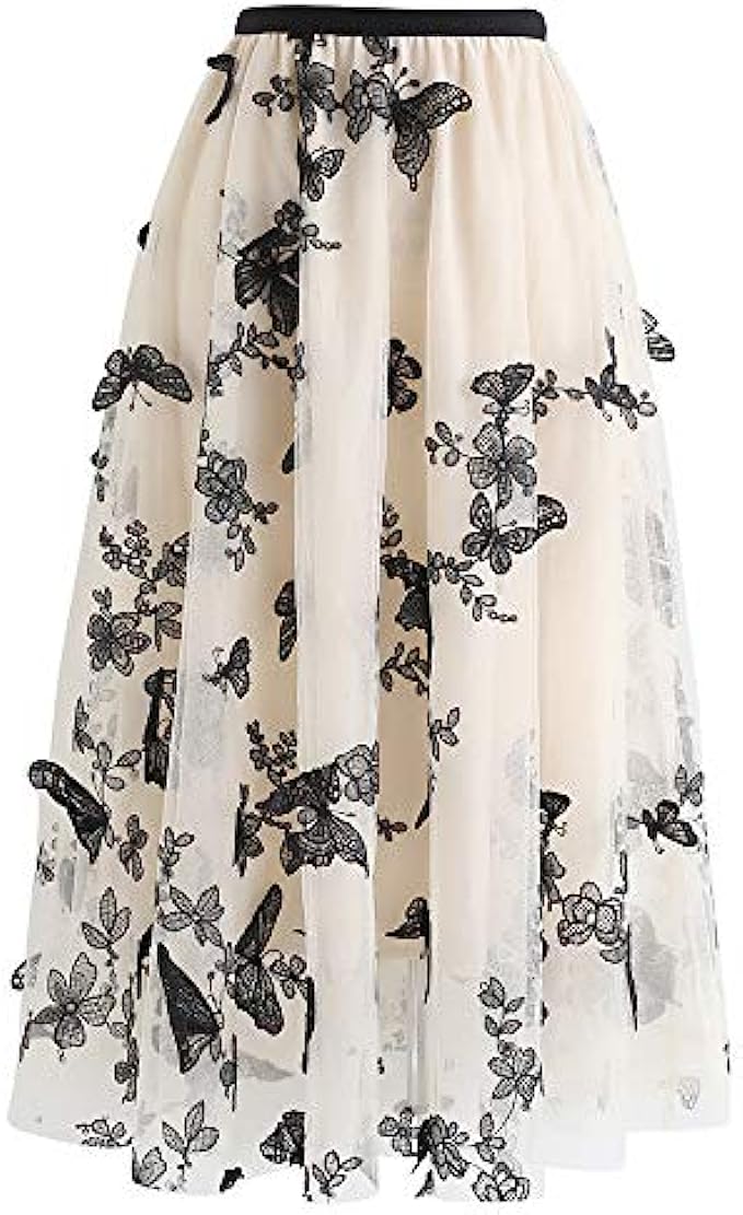 CHICWISH Women&#039;s Caramel/Dusty Blue/White/Black 3D Posy Double-Layered Mesh Midi Skirt