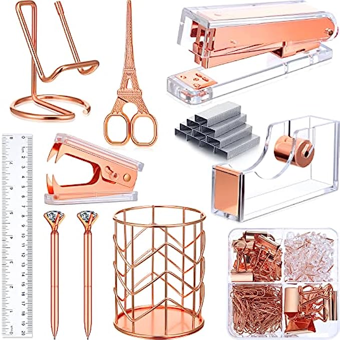 Office Stapler Set Desk Accessory Kit Including Stapler Tape Dispenser Staple Remover Pen Holder Phone Holder Ruler Scissors Binder Clips Staples 2 Pen for Office Accessories (Rose Gold)