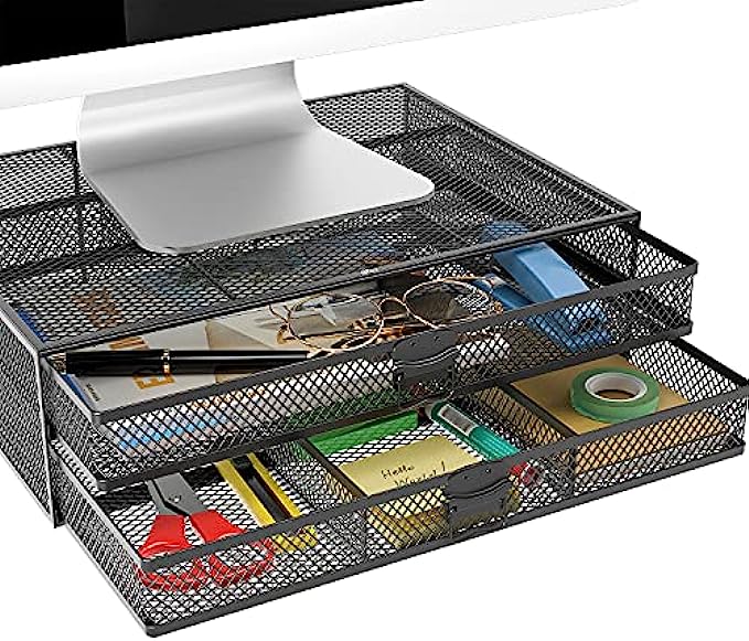 WALI Metal Mesh Monitor Riser Desktop Stand with Storage Drawers for Computer, Laptop, LED, LCD, OLED Flat Screen Display, and Printer (STT006-B), Black