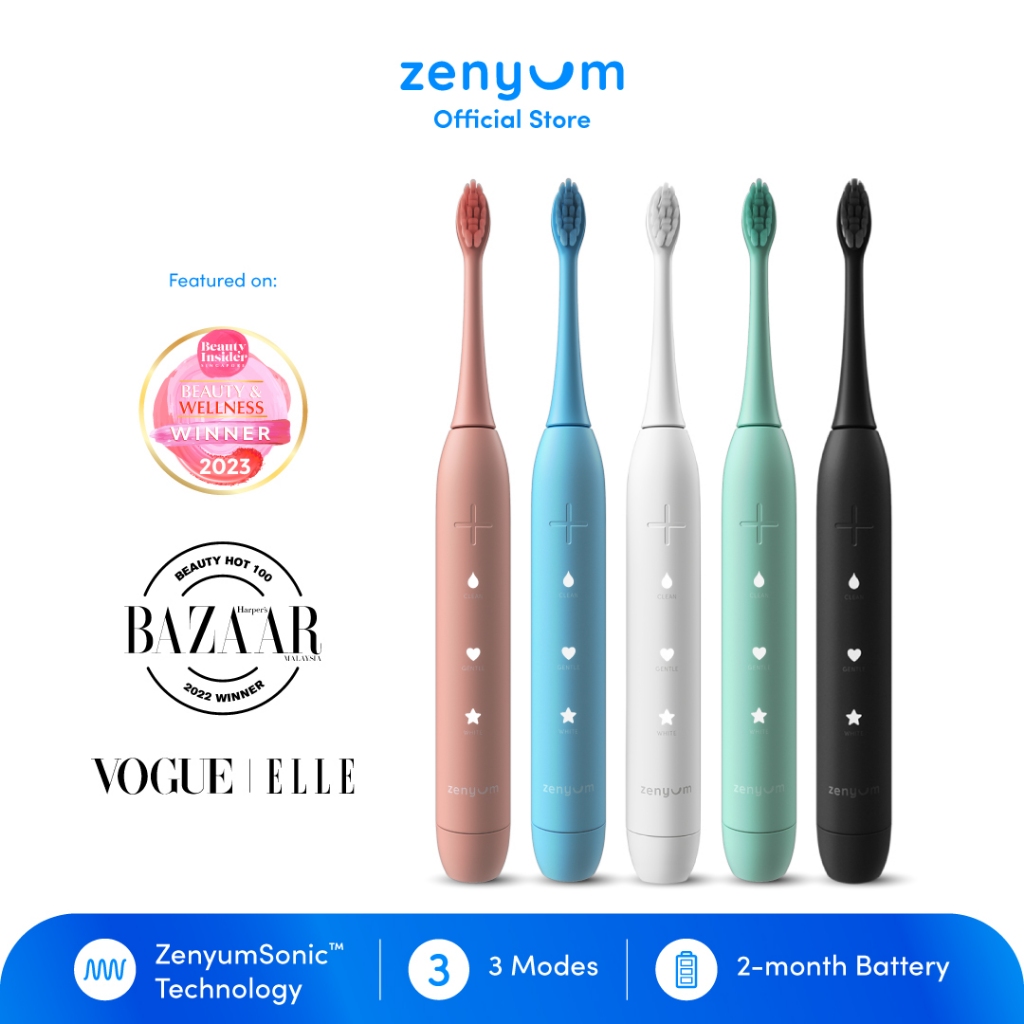 Zenyum Sonic Electric Toothbrush -  Black/White/Pink/Blue/Green (Designed in Singapore/Sonic Vibrations/1 Year Warranty)